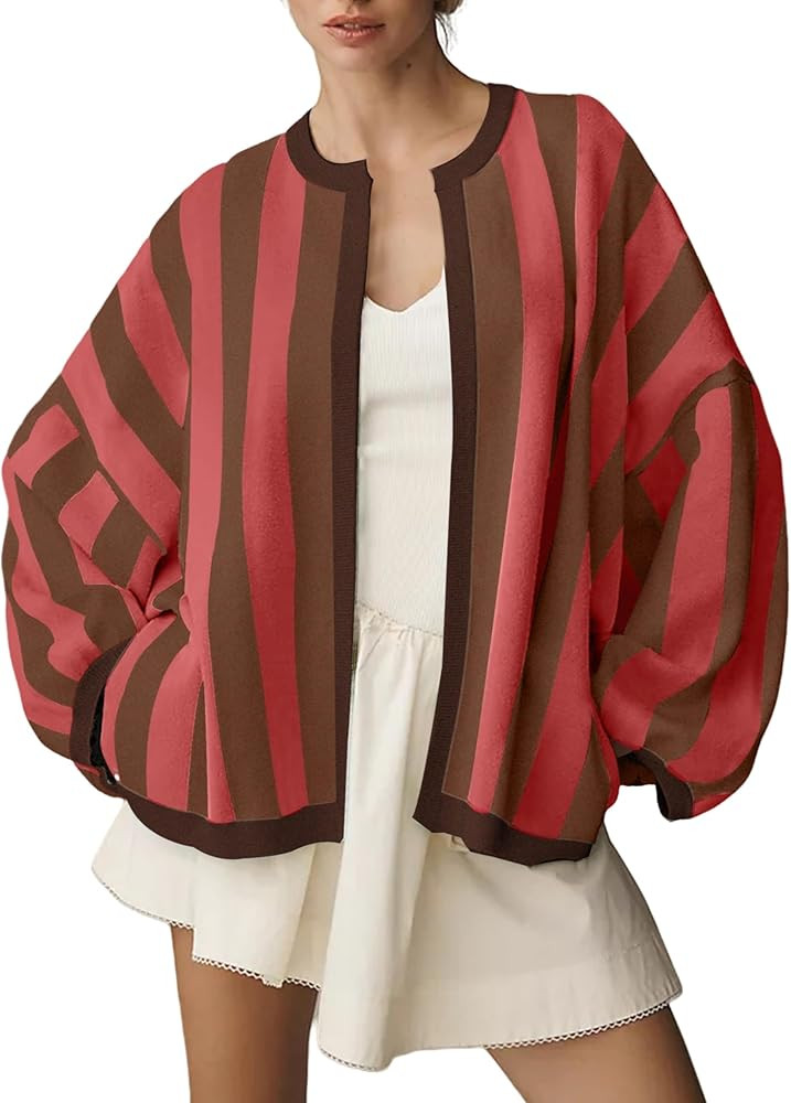 Women's Casual Loose Fit Striped Cardigan Long Balloon Sleeves Open Front Knit Sweater | Amazon (US)
