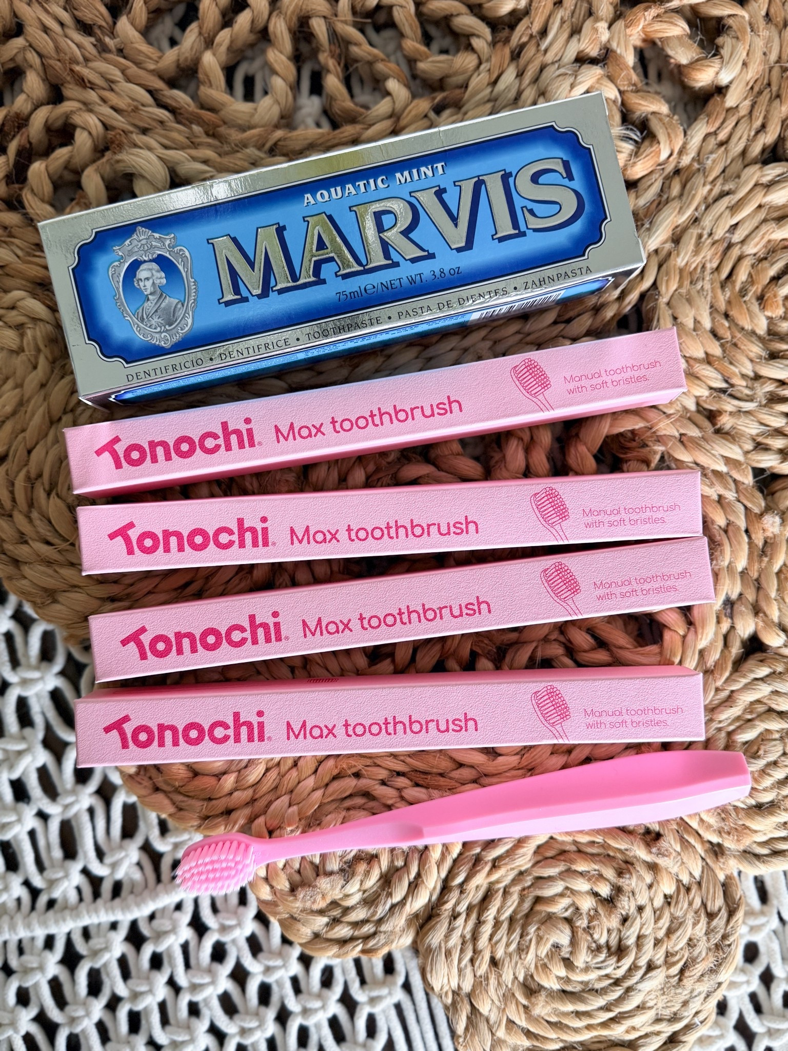 New favorite bathroom finds lately. These Tonochi toothbrushes are so good. The soft bristles, pretty pink color, & overall feel just make brushing your teeth feel a little more elevated. We’re also trying the Marvis Aquatic Mint toothpaste & so far I’m obsessed with the flavor.

Tonochi toothbrush - soft bristle toothbrush - Marvis toothpaste - Marvis Aquatic Mint - pink toothbrush - bathroom favorites - everyday essentials - wellness favorites - oral care favorites - self care essentials - bathroom aesthetic - luxury toothpaste - beauty routine favorites - everyday luxury - cute bathroom finds