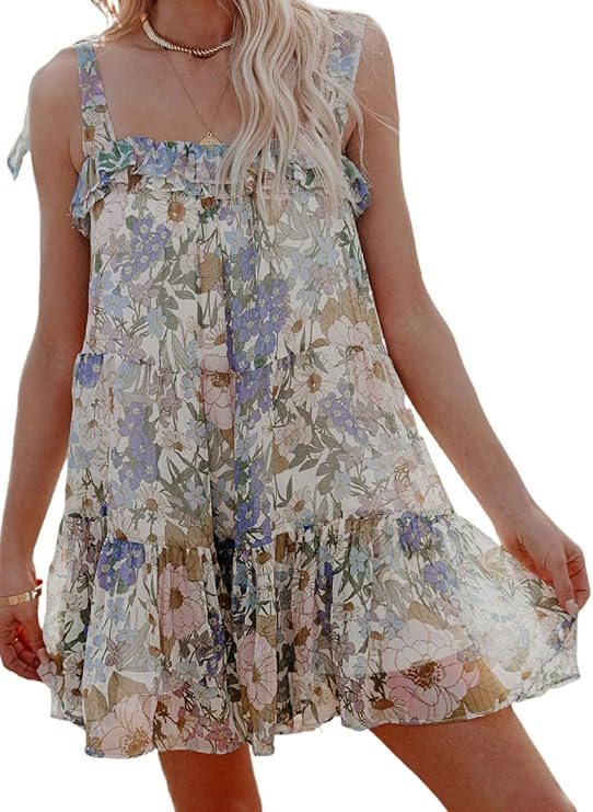 Sidefeel Womens O Neck Ruffle Sleeve Loose Tiered Backless Mini Dress | Amazon (US)