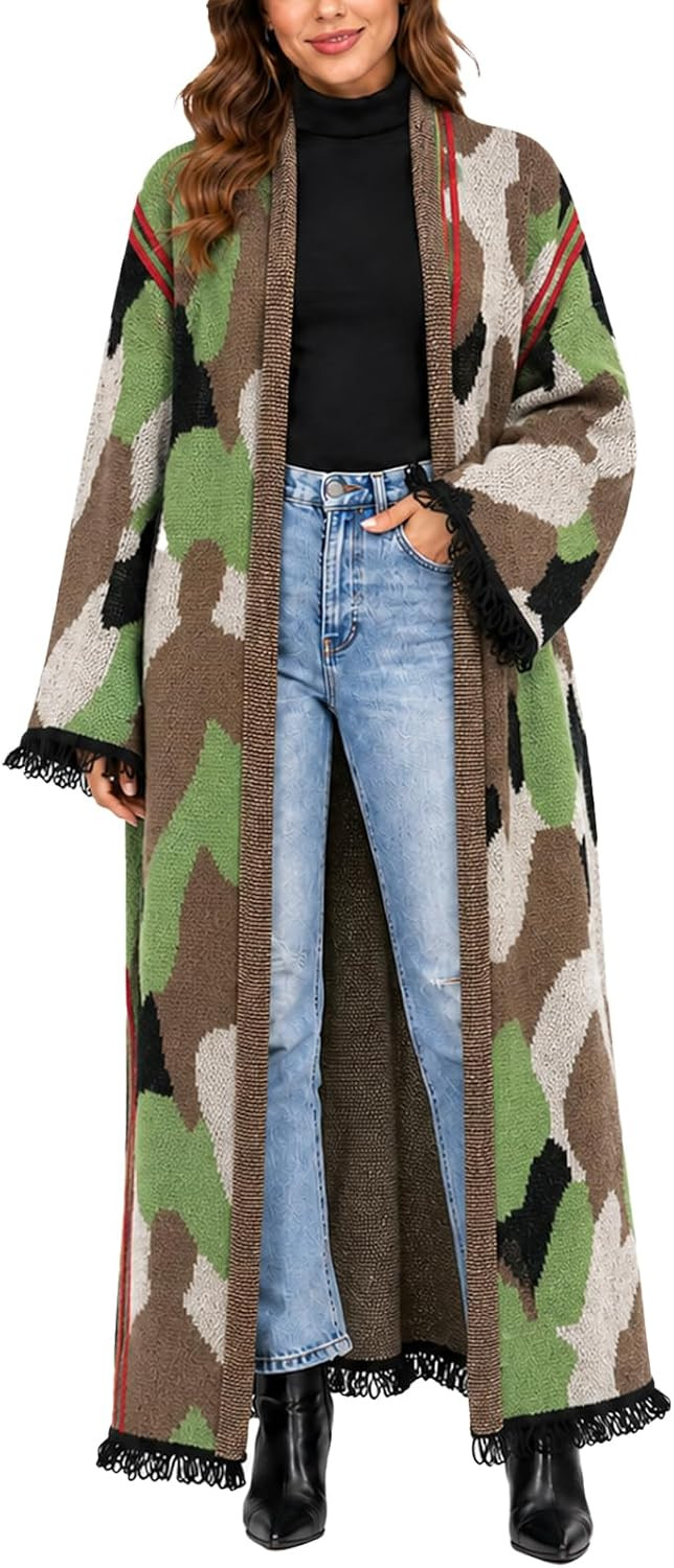 Women's Camo Long Cardigan Sweater, Oversized Open Front Duster Coat | Amazon (US)