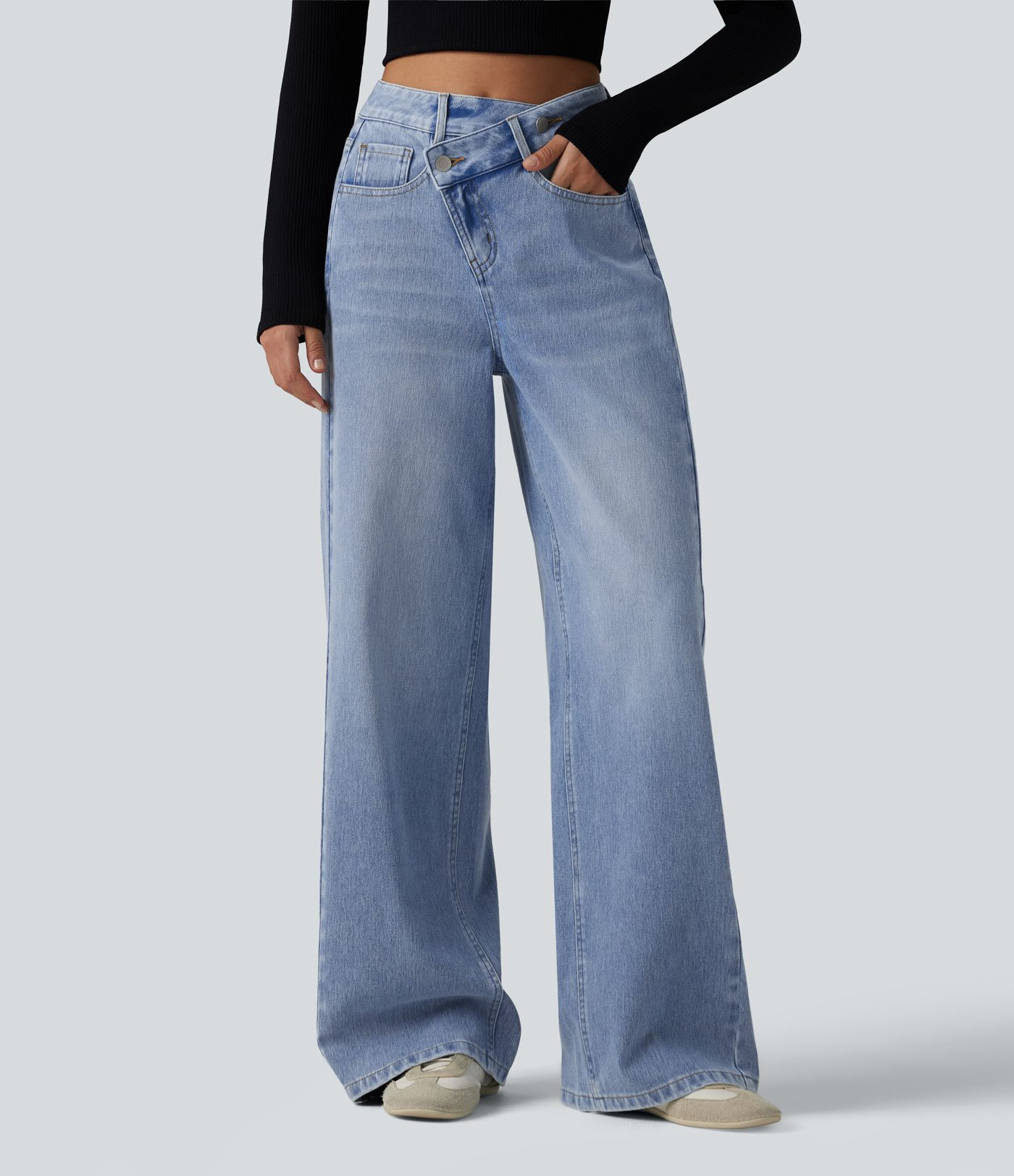 Halara Flex™ Asymmetric High Waisted Washed Casual Baggy Jeans with Pockets | HALARA