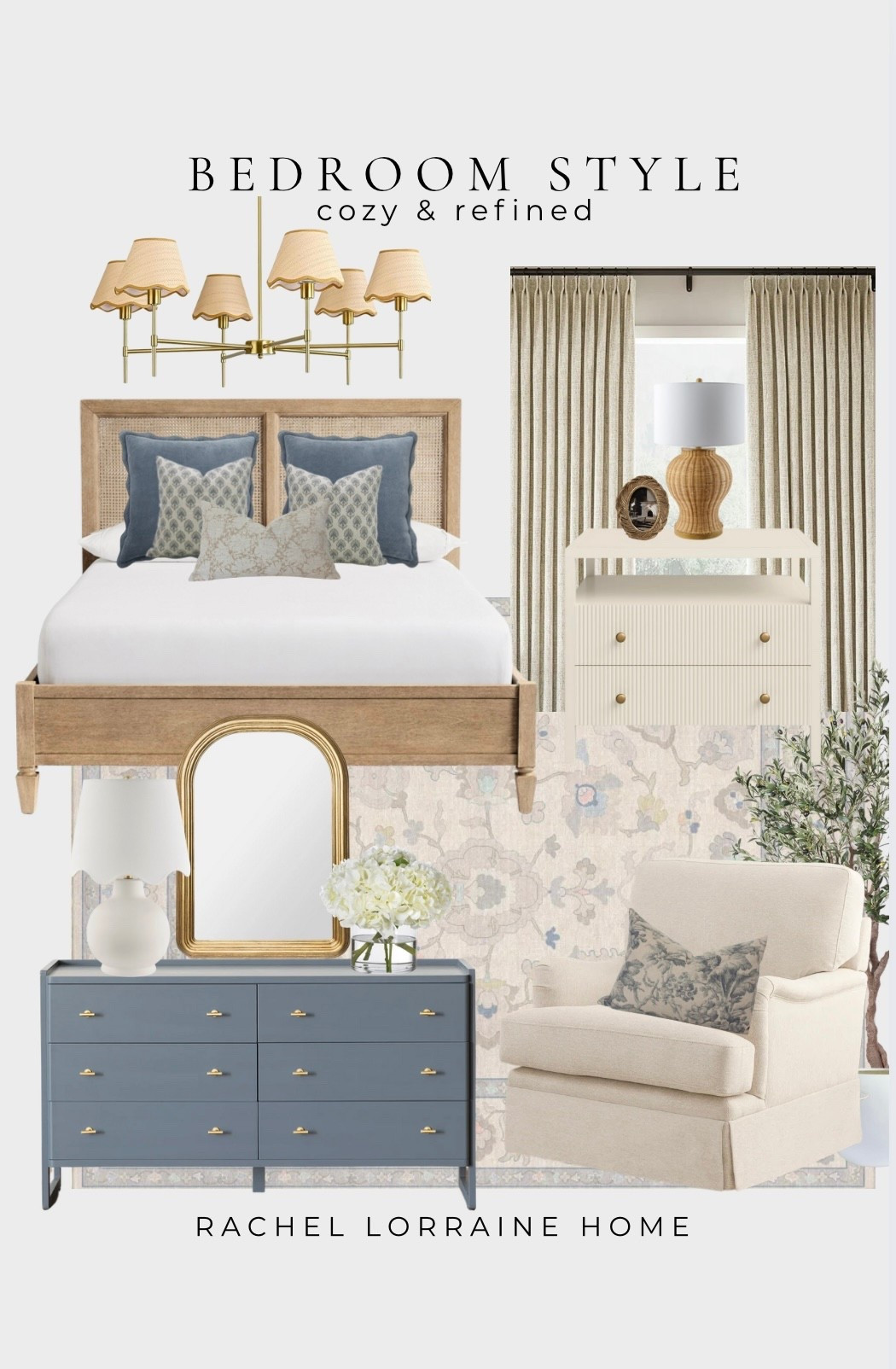 Cozy, elevated bedroom style inspo 💭 This modern traditional moodboard blends light & airy coastal bedroom elements with timeless pieces: a natural wood bed, soft gray-blue dresser, gold chandelier + arched mirror, a curved linen swivel chair, linen curtains, and a cream 2-drawer nightstand with a shelf. I finished the look with a soft blue + cream rug and a woven rattan lamp for a warm, layered feel. Perfect mix of relaxed & refined.

#bedroominspo #moderntraditional #coastalbedroom #bedroomstyling #LTKinteriors #bedroommoodboard #neutralbedroom #coastaldecor #bedroomideas 

#LTKHome
