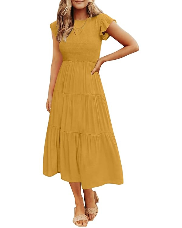 ZESICA Women's 2024 Summer Casual Flutter Short Sleeve Crew Neck Smocked Elastic Waist Tiered Mid... | Amazon (US)