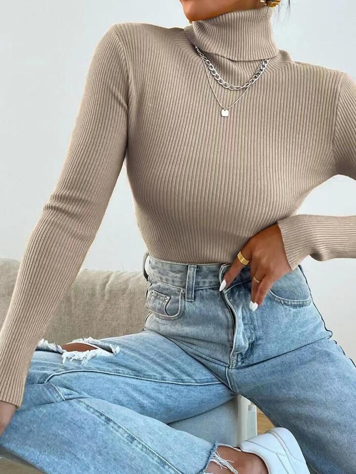 SHEIN Mulvari Turtleneck Ribbed Knit Sweater Without Necklace | SHEIN