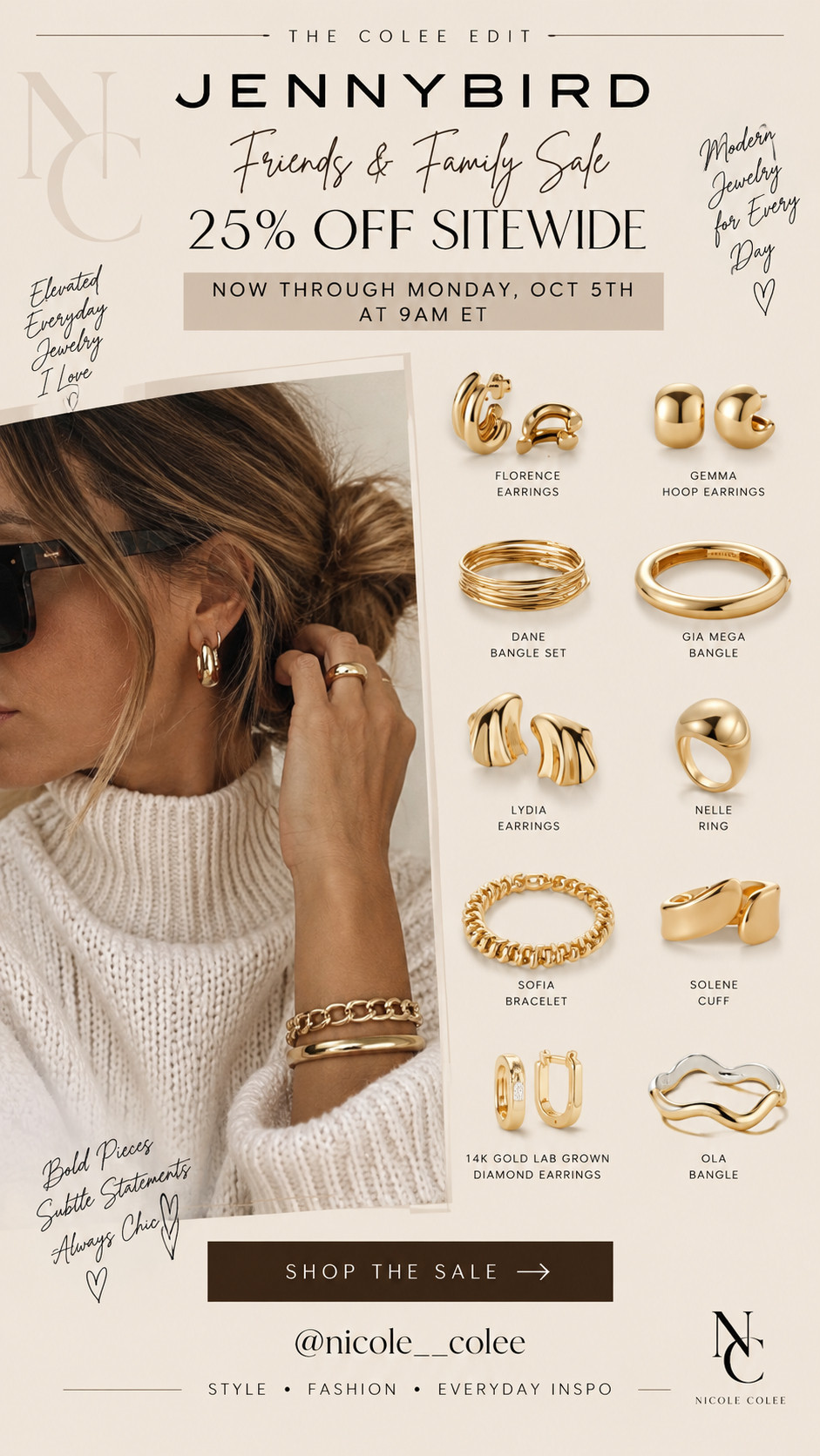 The jewelry sale I’ve been waiting for. ✨🤎 Jenny Bird’s Friends & Family Sale is 25% off sitewide and I’ve rounded up some of my favorites—from sculptural hoops and statement earrings to chunky cuffs, bangles + bracelets.
These are the pieces that make even jeans and a tee look instantly more expensive. You know I can’t resist a good statement earring. 😉
25% OFF SITEWIDE
Now through Monday, Oct. 5 at 9 AM ET.
Shop my Jenny Bird favorites through the link in my LTK. ✨
#JennyBird #JennyBirdJewelry #JewelryEdit #StatementJewelry #TheColeeEdit 

 #LTKdayinmylife #LTKgrwm #LTKSaleAlert