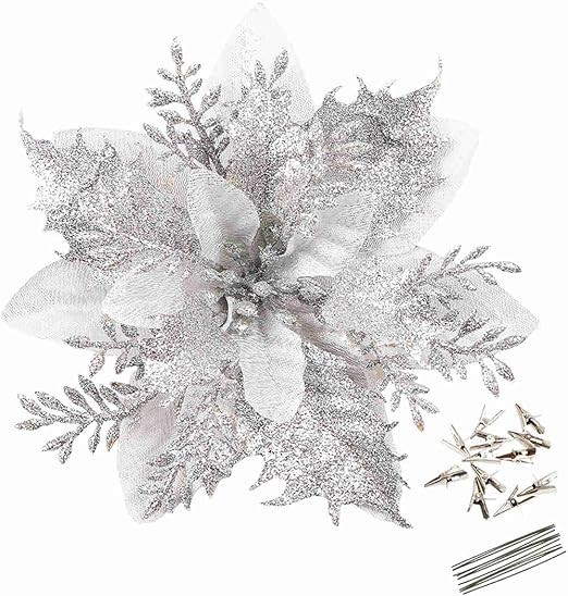 GREENTIME 12 Pcs Glitter Poinsettia 5.5" Artificial Flowers Christmas with Clips Stems Xmas Tree ... | Amazon (US)