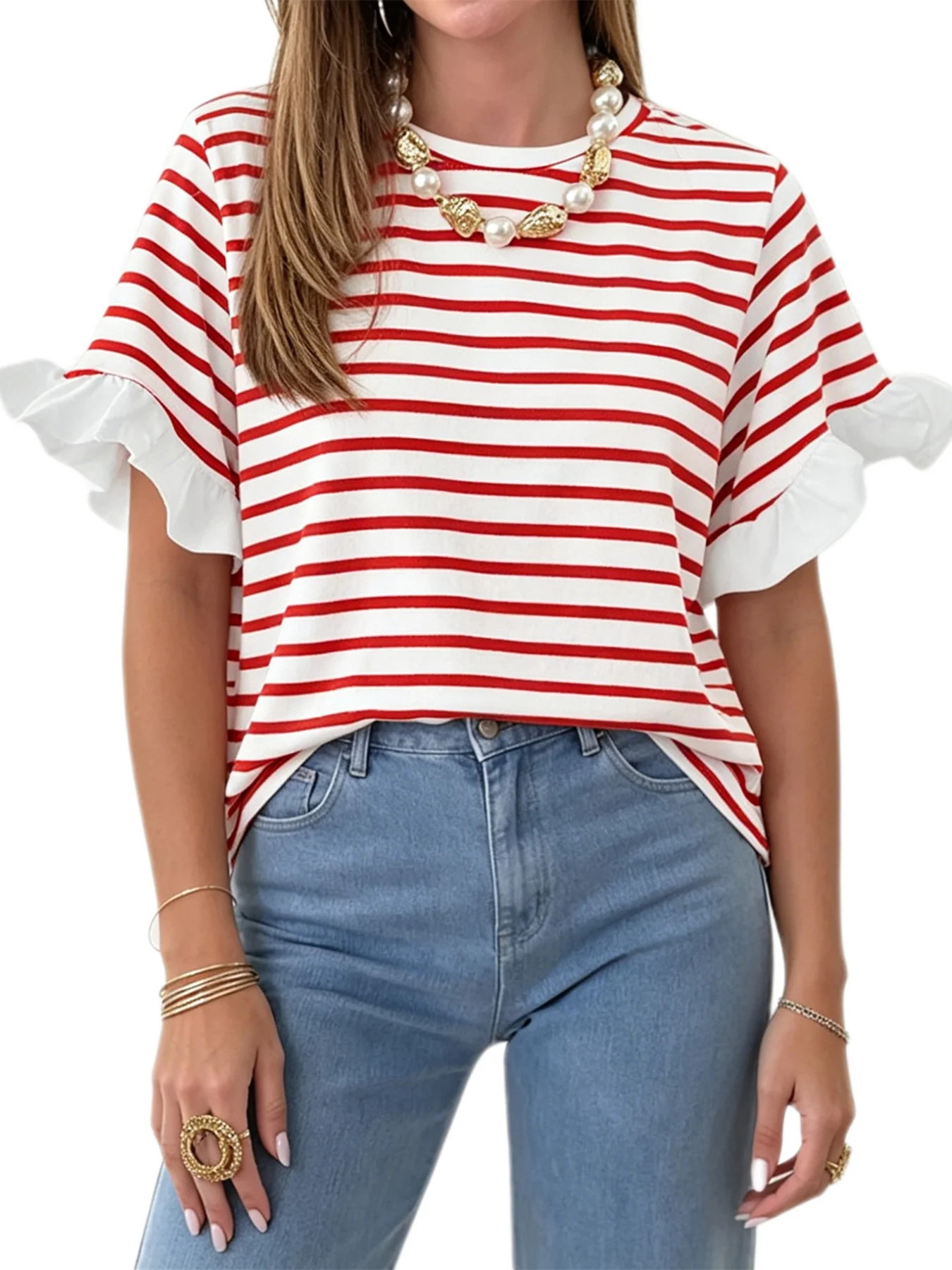 Summer Stripe Printed Short Sleeved Crew Neck Casual Shirt Tops | Walmart (US)