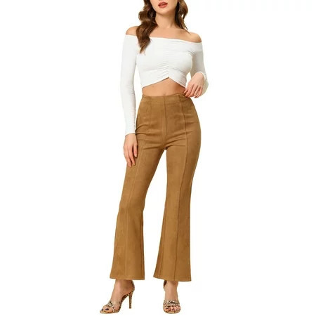 INSPIRE CHIC Women s Pants Solid Flared Hidden Side Zipper Knitted Faux Suede Flared Pants S Brown | Walmart (US)