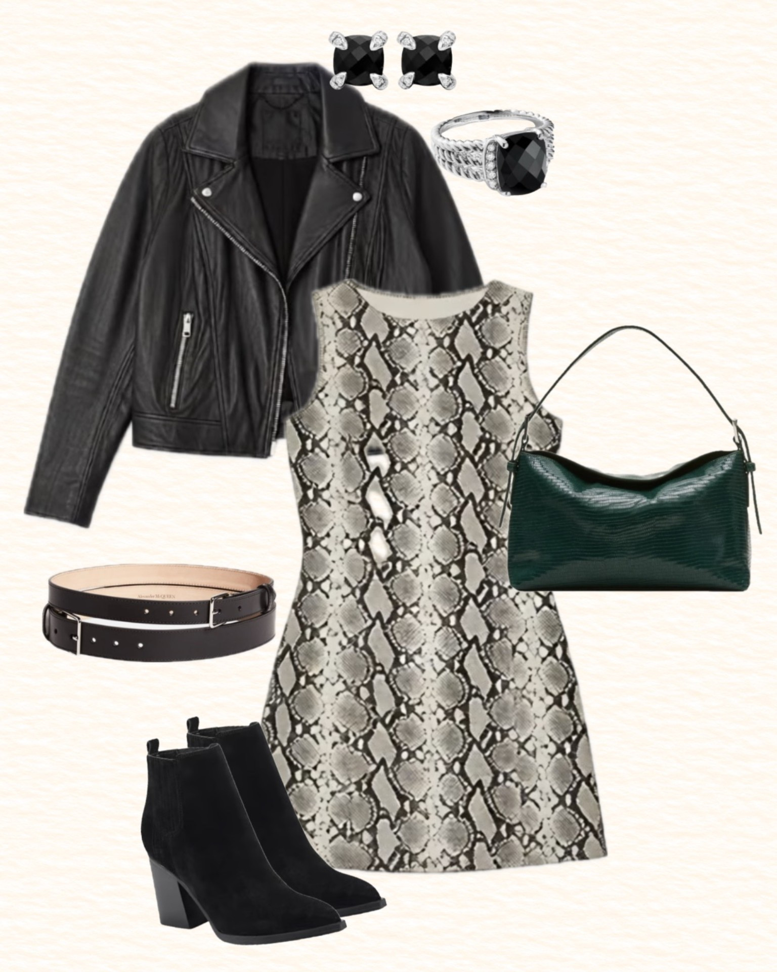 Snake skin mini dress for the fall. Paired with a black leather, biker jacket, black leather belt, suede, black booties, and Hunter, green leather bag. perfect autumn outfit inspiration.

#LTKootd #LTKSaleAlert #LTKSeasonal