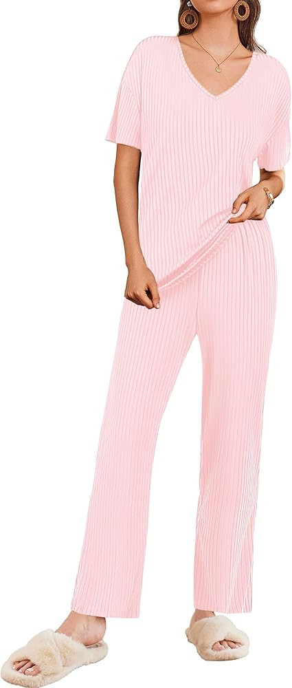 Ekouaer Lounge Sets for Women Short Sleeve Top and Long Pants Ribbed Knit Pajama Set 2 Piece PJ S... | Amazon (US)