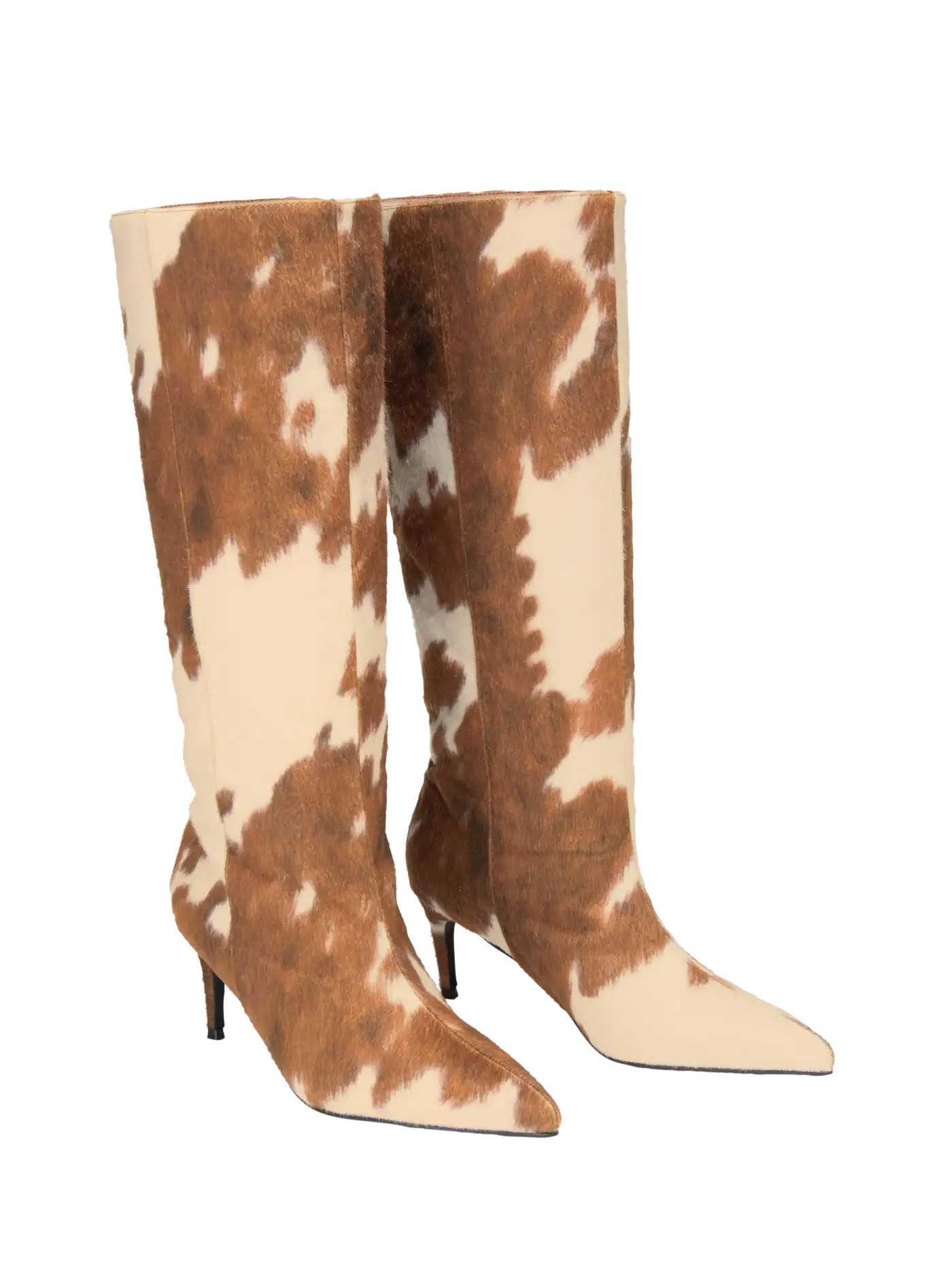 POINTED TOE COWHIDE PRINT KNEE HIGH BOOTS | Cider