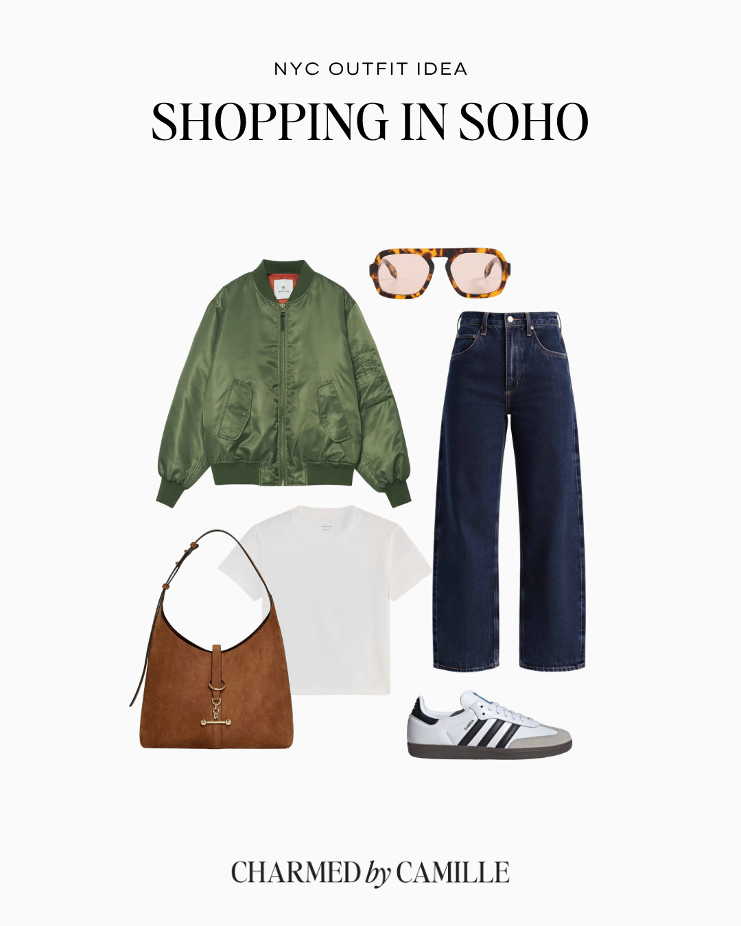 A casual-cool outfit for a day of shopping in SoHo. Start with a white tee and wide-leg jeans, then add an olive bomber jacket for a little color. Comfortable sneakers are key for covering plenty of ground, and an oversized suede bag has room for all of the essentials.  

 #LTKSeasonal