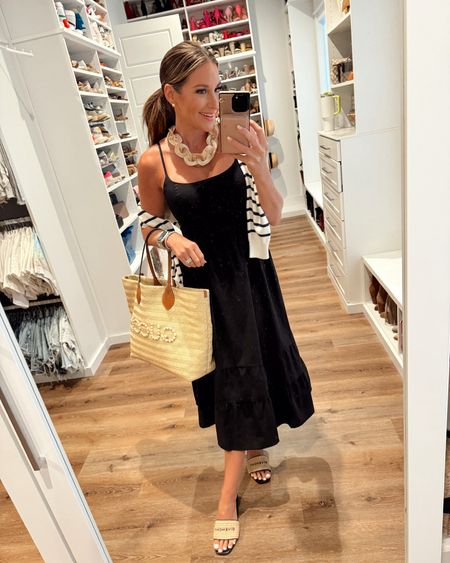 In a medium forever 21 tiered poplin midi dress, sandals, xs stripe sweater, chunky acrylic chain necklaces, tote and accessories for spring outfit - all fits TTS. 

#LTKStyleTip #LTKSeasonal #LTKFindsUnder50