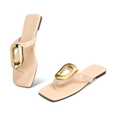 StillFancxy Gold Buckle Flat Sandals for Women Square Toe Dressy Flip Flops Trendy Thong… | Amazon (US)