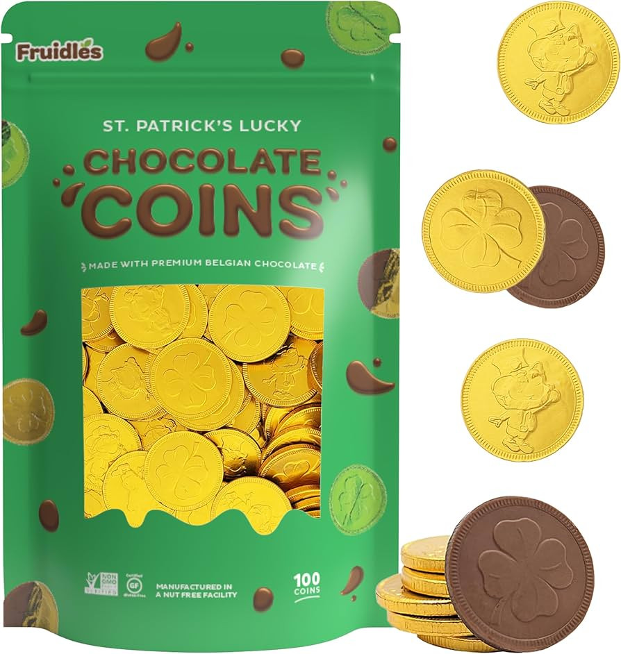 St. Patrick's Day Chocolate Coins 100 Lucky Gold Shamrock Coins Foils, Belgian Milk Chocolate Coi... | Amazon (US)