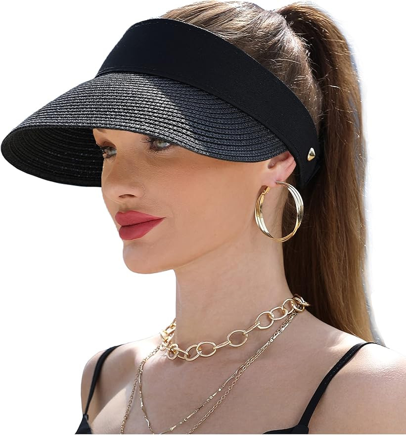 Women Wide Brim Straw Visor Sun Hat UV Protection Packable Beach Cap for Summer UPF 50+ | Amazon (US)