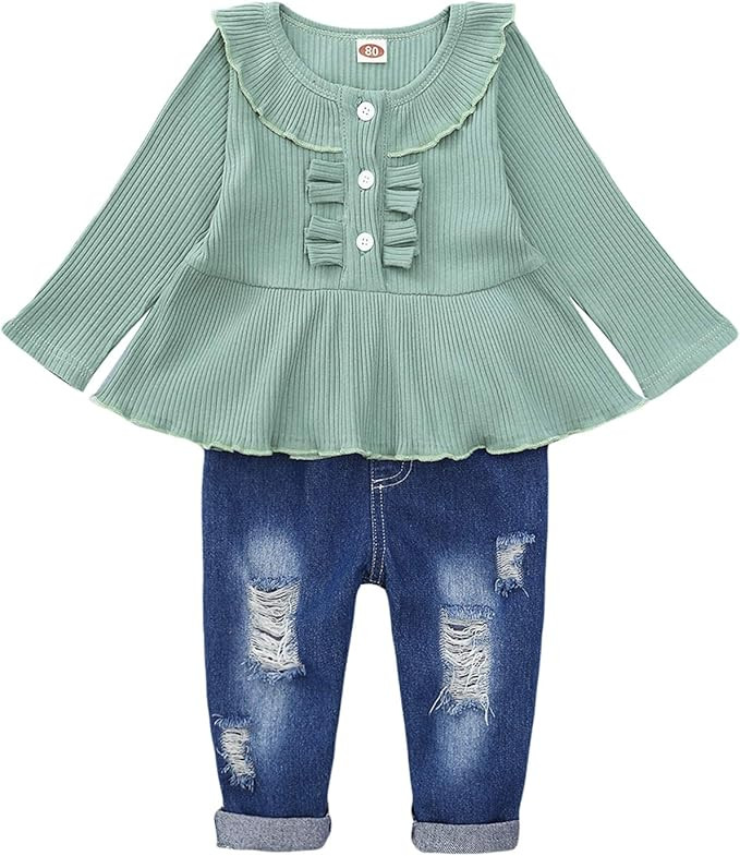 Toddler Baby Girl Outfits Ruffle Sleeve Linen Shirt Cute Ripped Jeans Kids Denim Pants Set Infant... | Amazon (US)