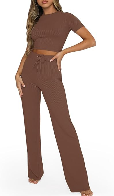 REORIA Women's Summer Two Piece Outfits Soft Ribbed Crop Tops Flowy Wide Leg Pants Matching Loung... | Amazon (US)