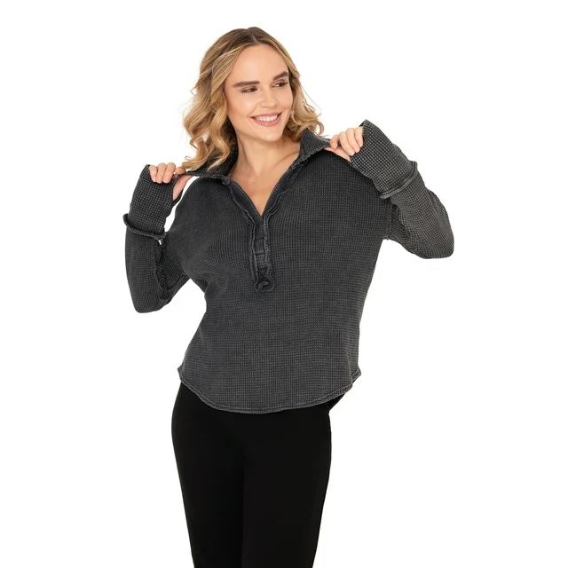 Hard Tail Women's V-Neck Washed Thermal Polo Pullover | Walmart (US)