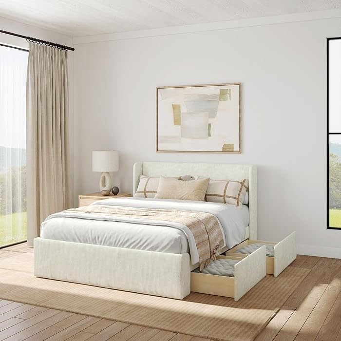 Plank+Beam Upholstered Full Bed Frame with Rectangular Headboard and Two Storage Drawers, Upholst... | Amazon (US)