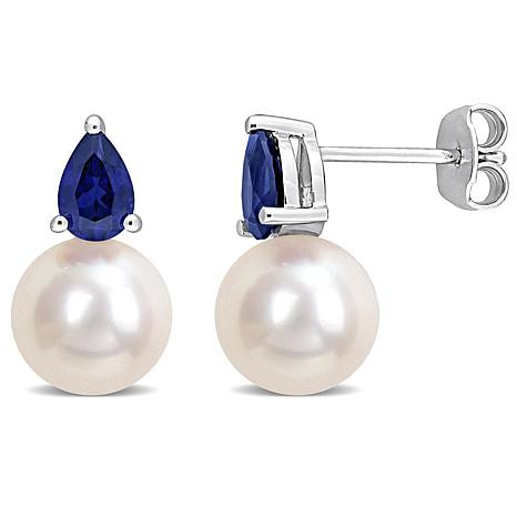 Sterling Silver 8.5-9mm Pearl and Created Blue Sapphire Earrings - 20624063 | HSN | HSN