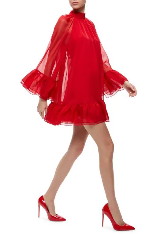 Alice + Olivia Erna Sheer Long Sleeve Swing Minidress in Perfect Ruby at Nordstrom, Size X-Small | Nordstrom