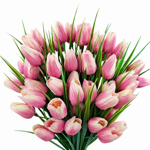FOUSUKA Artificial Tulips Fake Flowers Outdoor UV Resistant 4 Bundles 40 Heads Silk Tulip Faux Plastic Greenery Plants Flower for Home Outside Garden Porch Window Planters Decor (Light Pink) | Amazon (US)