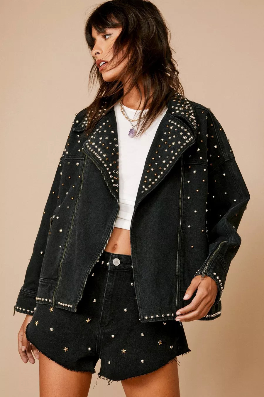 Premium Embellished Studded Denim Biker Jacket | Nasty Gal (US)