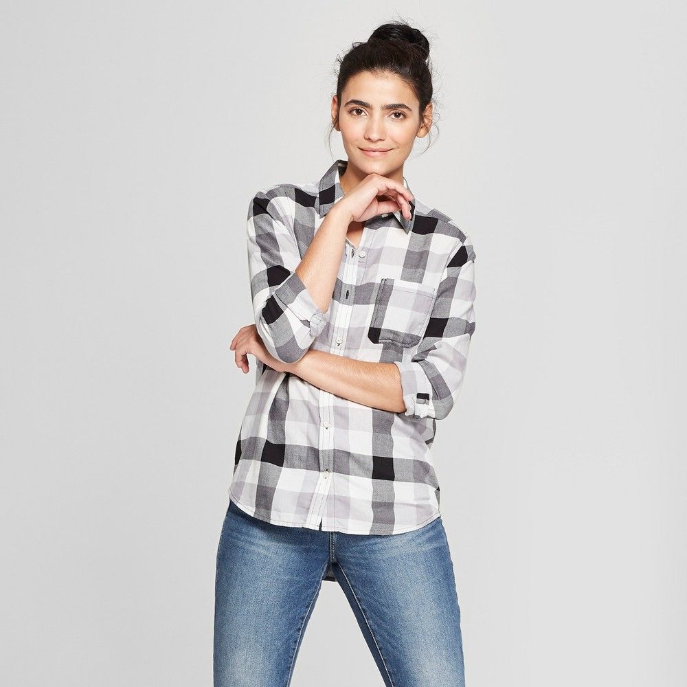 Women's Plaid Long Sleeve Shirt - Universal Thread Gray L | Target
