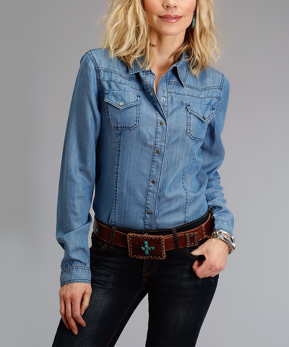Stetson Women's Button Down Shirts BLUE - Blue Denim Button-Up Top - Women | Zulily