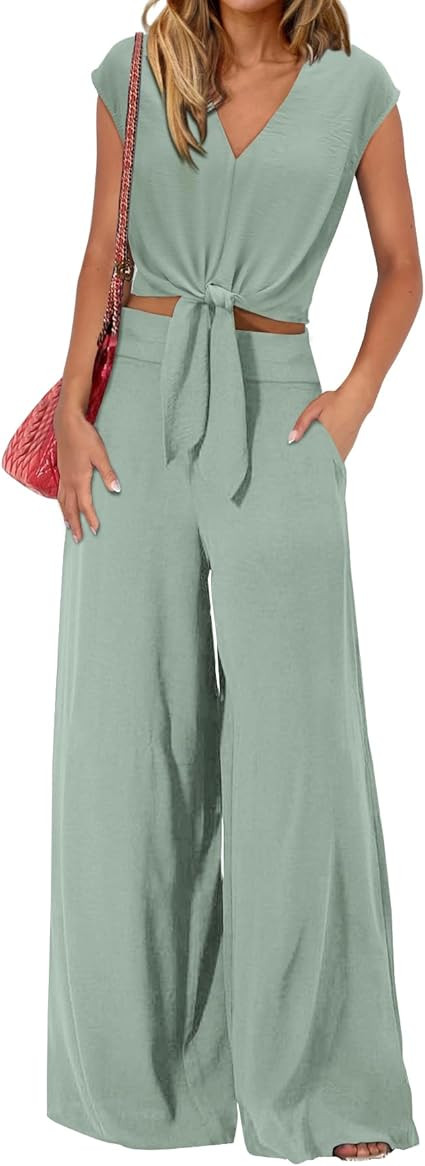 PRETTYGARDEN Women's Summer 2 Piece Outfits 2025 Cap Sleeve V Neck Belted Crop Tops Wide Leg Pant... | Amazon (US)