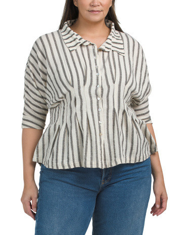 Plus Cinched Waist Button Down Blouse For Women, Cotton | TJ Maxx