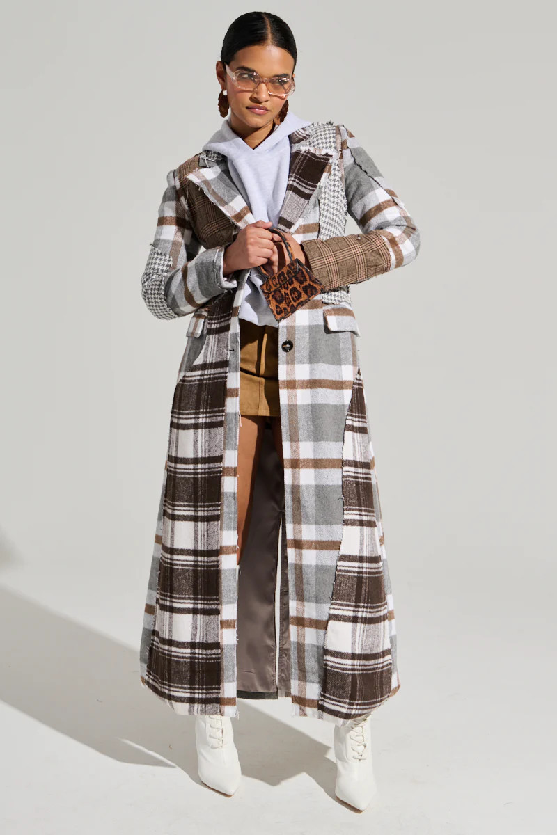 MIXED PLAID NOT FEELINGS PATCHWORK TRENCH | AKIRA