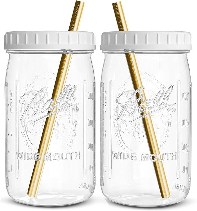 Reusable Wide Mouth Smoothie Cups Boba Tea Cups Bubble Tea Cups with Lids and Gold Straws Ball Ma... | Amazon (US)