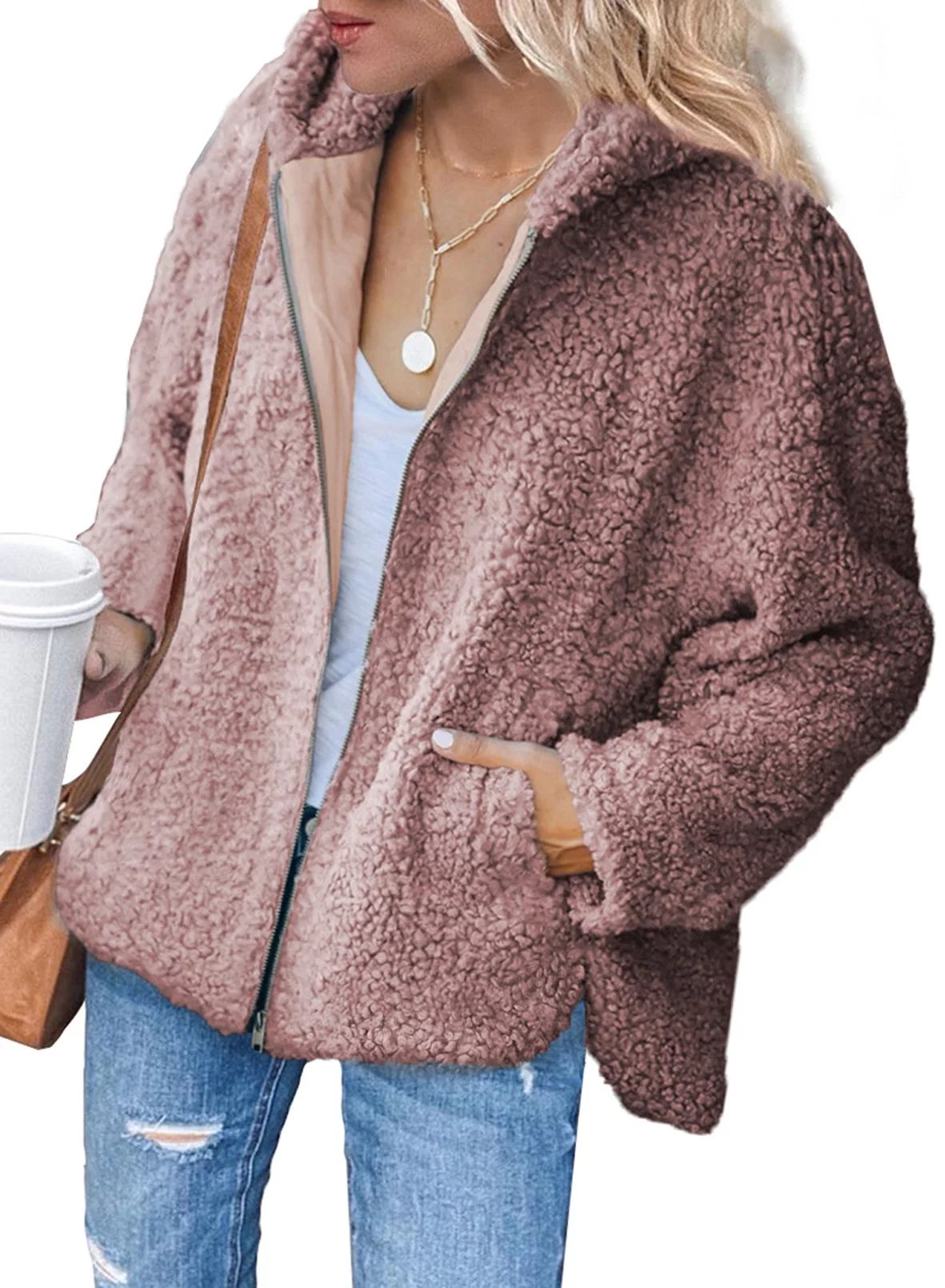Dokotoo Women's Pink Casual Faux Shearling Coats Zipper Oversized Jackets Winter Chunky Outerwear... | Walmart (US)