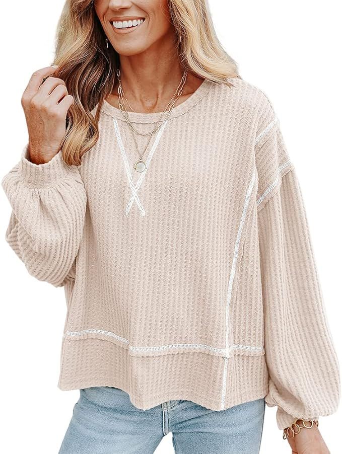 FSHAOES Women Tunic Tops Waffle Knit Crew Neck Puff Sleeve Casual Pullovers Casual Blouses Shirts | Amazon (US)