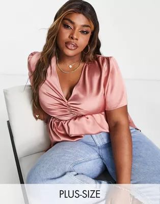 Simply Be satin ruched front blouse in blush pink | ASOS (Global)