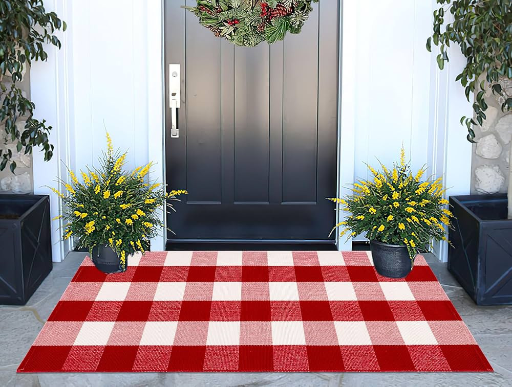 Christmas Outdoor Rugs 24 x 51''Red White Buffalo Plaid Front Porch Rug Hand-Woven Machine Washab... | Amazon (US)