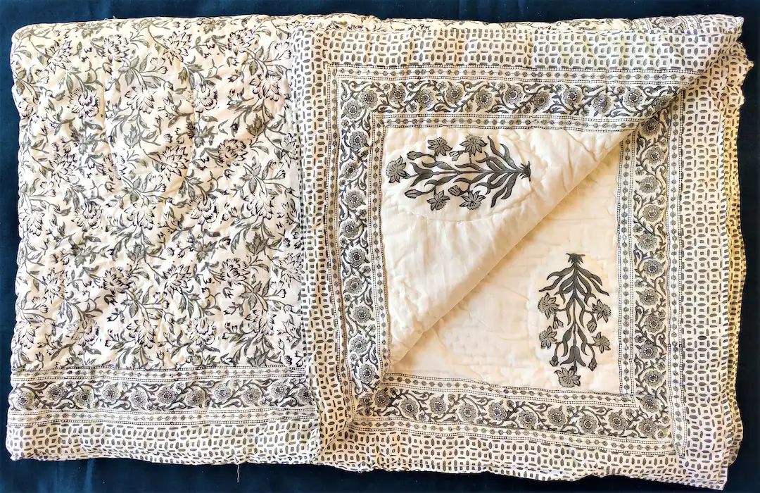 Vintage kantha cotton quilt, hand block printed razai, filling with soft cotton blanket,ethnic ra... | Etsy (US)