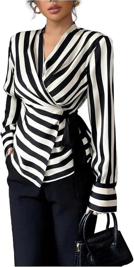 SOLY HUX Women's Tie Front Wrap Tops Striped Long Sleeve Shirt V Neck Dressy Casual Blouses | Amazon (US)