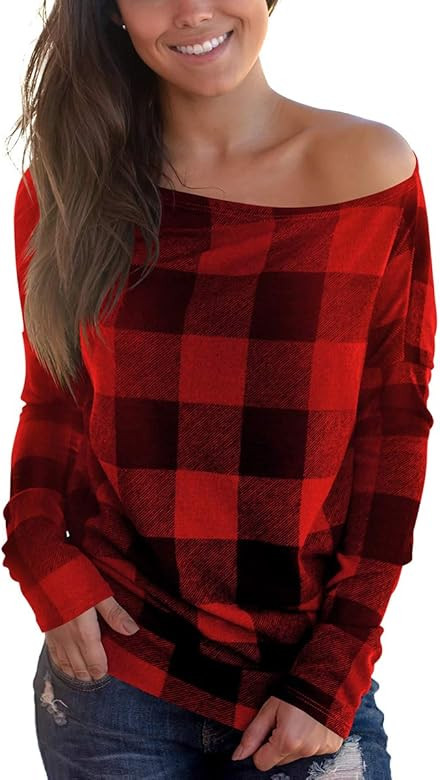 Women's Off Shoulder Top Long Sleeve Plaid Tee Shirt Blouse | Amazon (US)