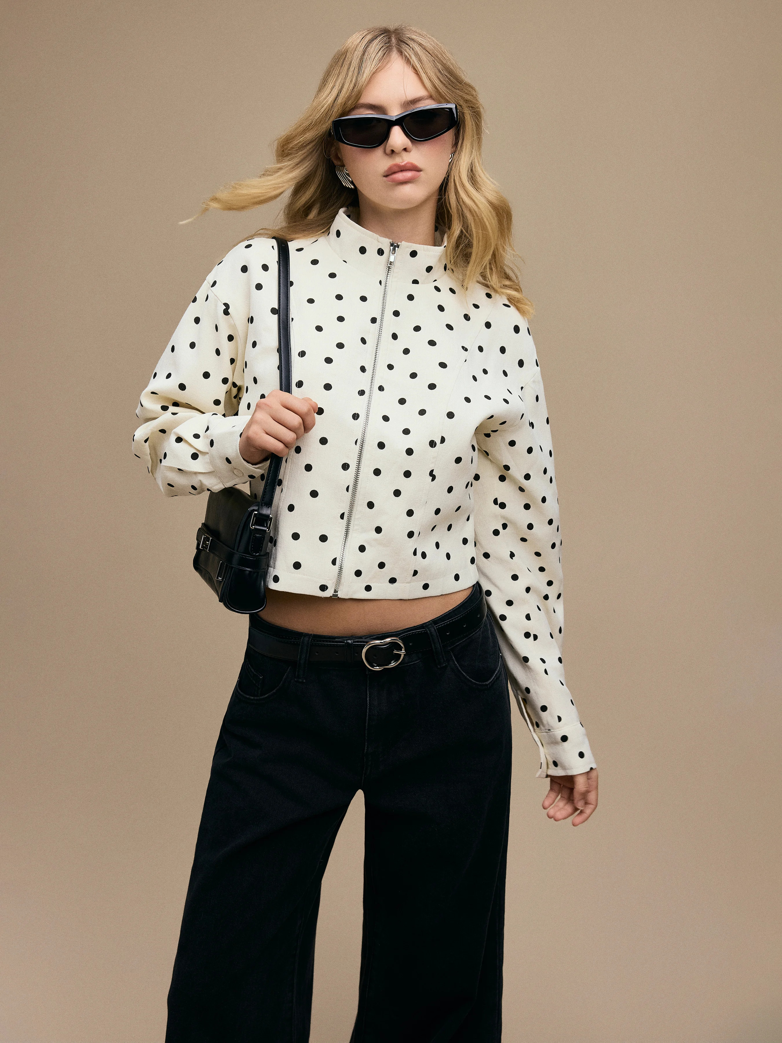 Woven Linen-blend Polka Dot High Neck Zip Through Jacket For Daily Casual | Cider
