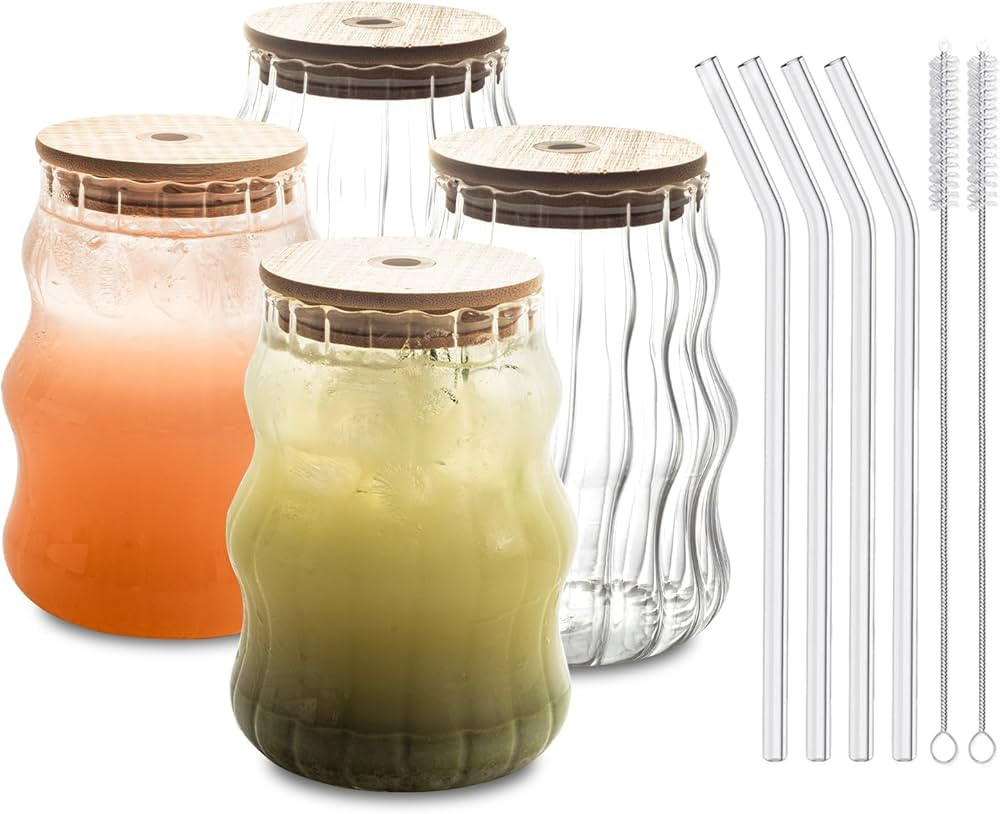 4 Pcs Ribbed Glass Cups With Straws With Lids Set, Water Glasses Set, 18Oz Vintage Drinking Glass... | Amazon (US)