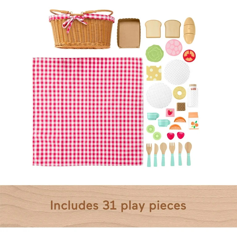 Fisher-Price Wooden Picnic Basket and Food Pretend Play Set for Preschool Kids, 31 Pieces | Walmart (US)