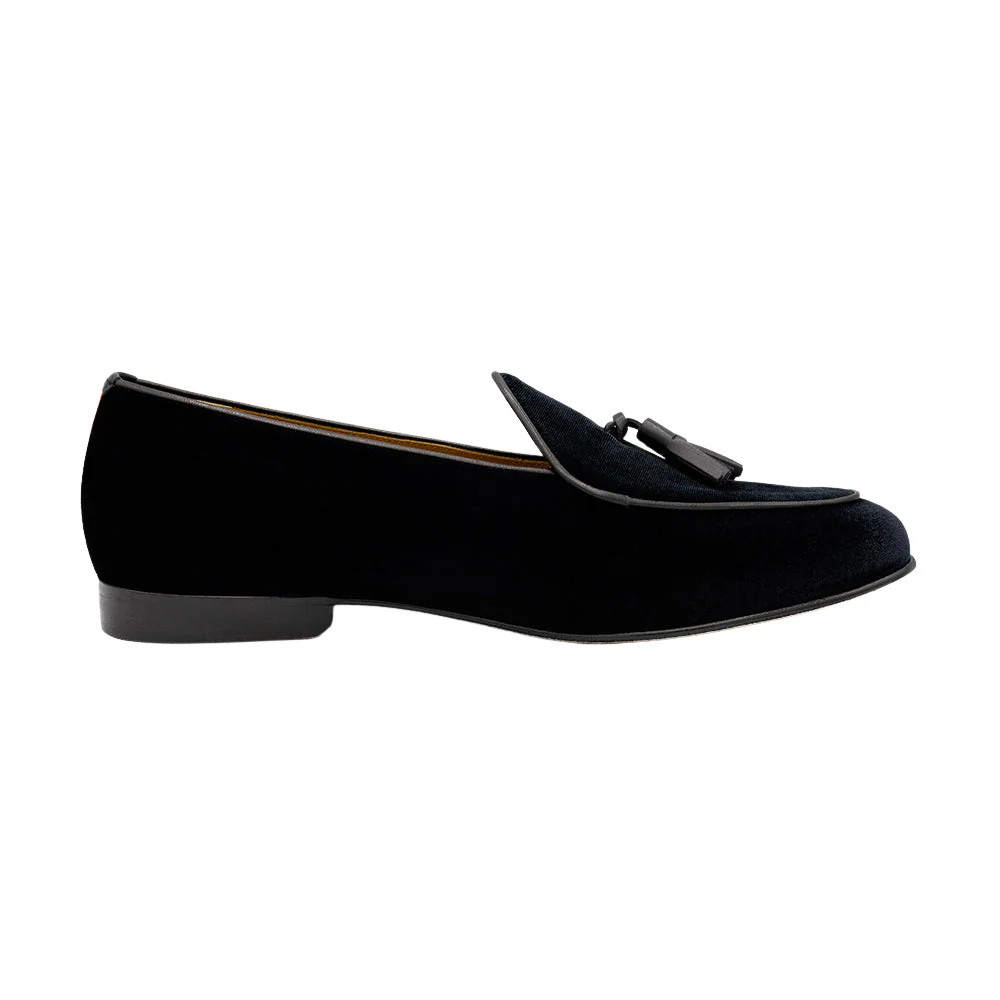Men's Black Velvet Loafer with Black Tassel | Over The Moon