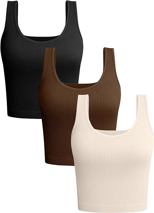 OQQ Women's 3 Piece Tank Tops Ribbed Seamless Workout Exercise Shirts Yoga Sleeveless Crop Tops | Amazon (US)