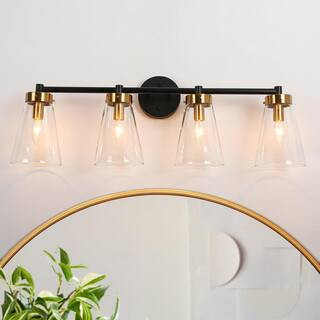 LNC Modern 30 in. 4-Light Black and Brass Gold Bathroom Vanity Light with Classic Bell Clear Glas... | The Home Depot