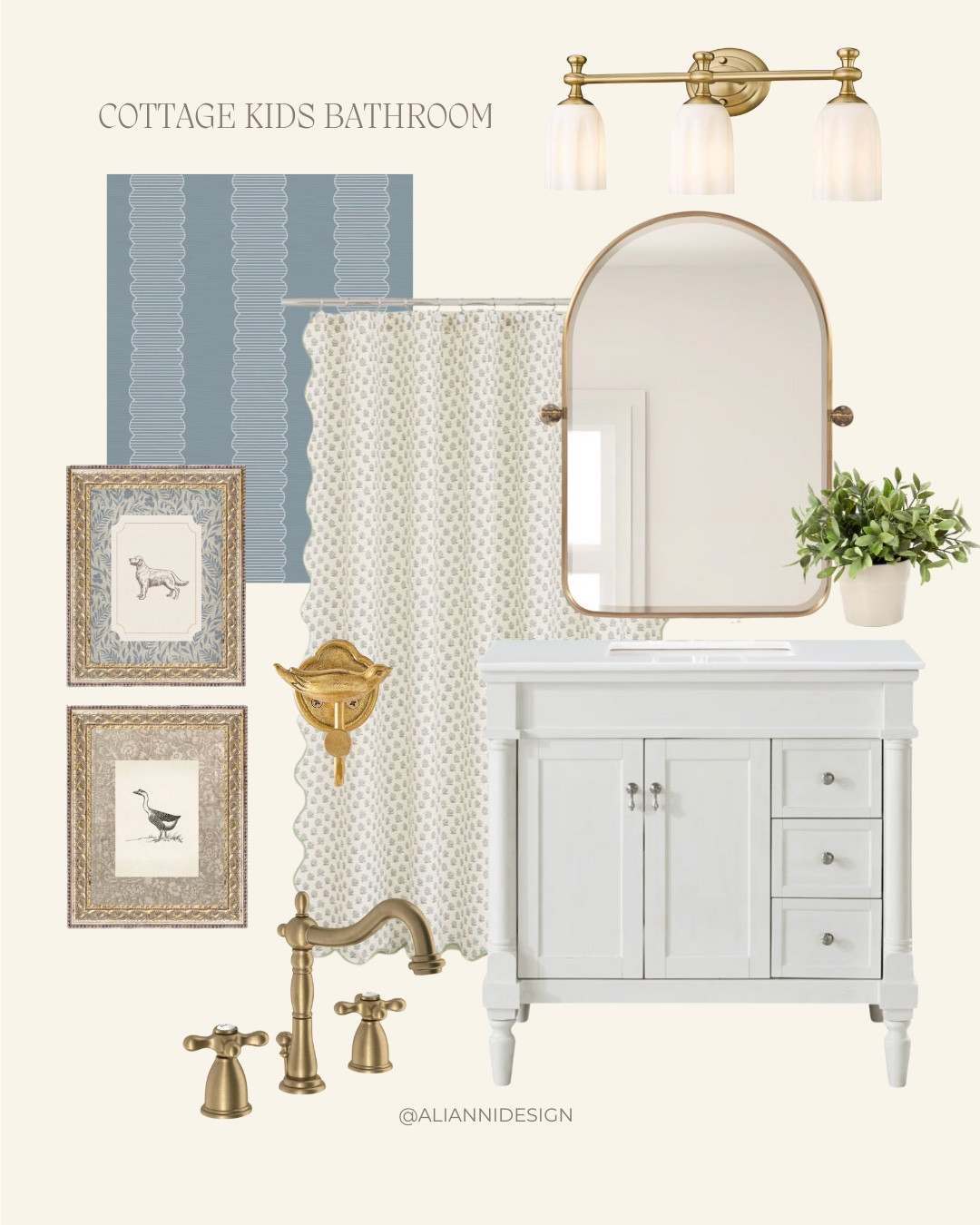 A peek at a shared kids’ bathroom design featuring the Scallopia wallpaper I designed for Artza & Co. @artzaco_ 💙 It’s gender-neutral with a cozy cottage feel—perfect for siblings growing up together!

When designing a space like this, I like to keep the big elements—like the vanity, lighting, and hardware—classic and timeless so the room can grow with them. But that doesn’t mean it has to be boring for the little ones! ✨

By layering in easily changeable whimsical touches—like fun bath mats, colorful towels, playful cabinet pulls, or framed artwork—you can keep the space sweet and kid-friendly without compromising on style. 

Thinking of something a little more permanent… how sweet would Delft -style tiles be with playful scenes tucked into the shower walls? Still cottage. Still charming. Just a hint of storybook magic. 

Artwork: Petal Lane “Single Goose” & “Dog In Blue” 
Tile: Marlborough Tiles “Cornish Delft Yacht” 