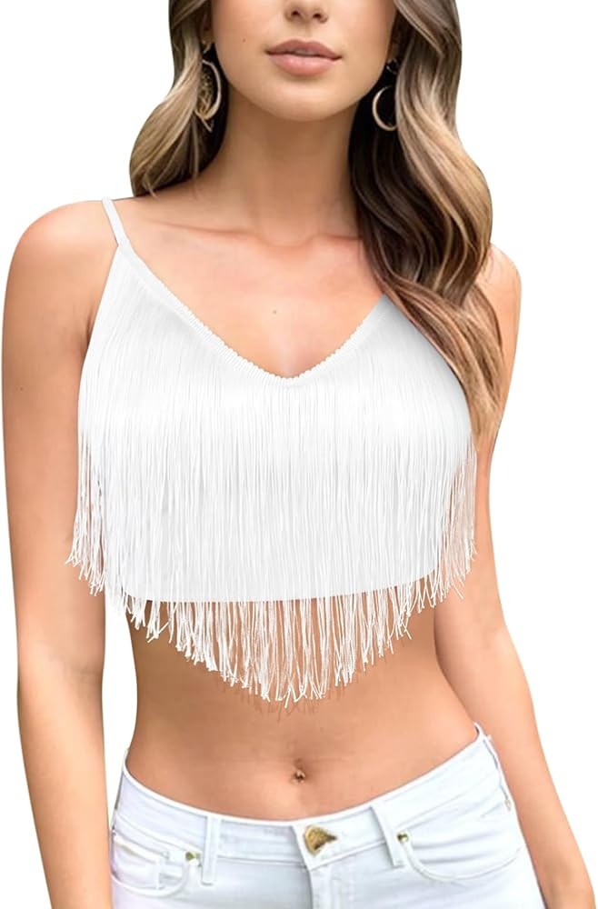 Fringe Cami Top for Women - Solid Crop Tassel Tank Concert Outfits Festival Clothes Rave V-Neck S... | Amazon (US)