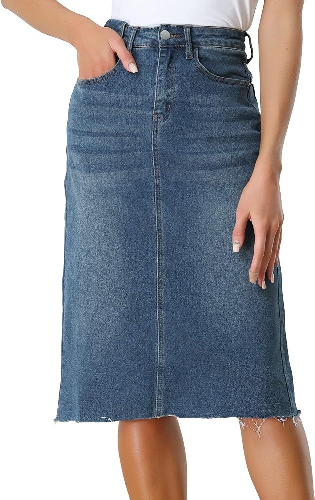 Allegra K Women's Casual Jean Skirt High Waist Back Slit Stretch Denim Skirts | Amazon (US)
